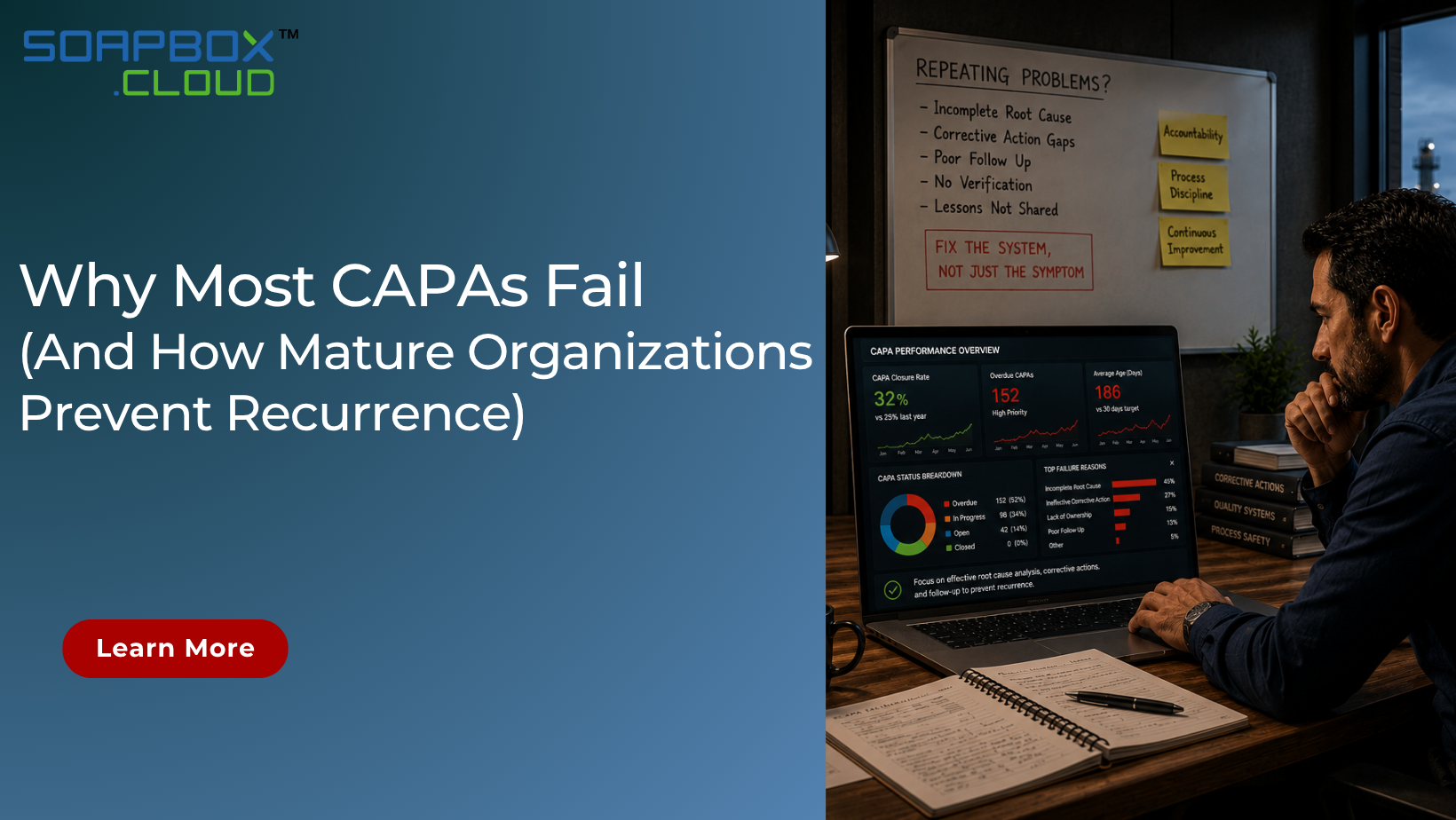 CAPA management and process safety professional analyzing corrective action effectiveness, root cause analysis, and incident recurrence prevention in industrial operations.